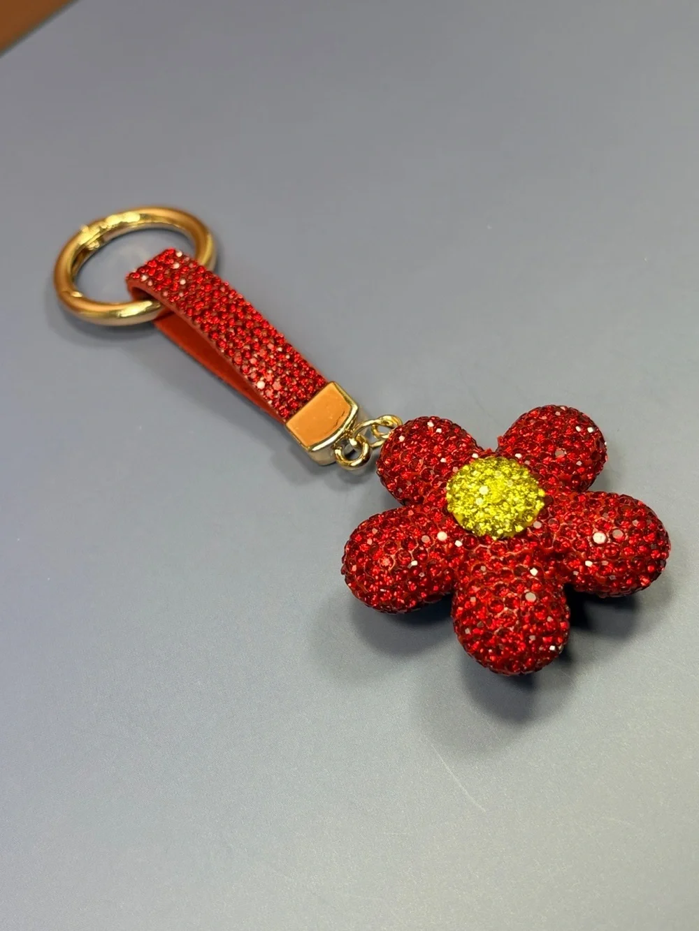 Dazzling Red Crystal Flower Keyring with Gold Ring
